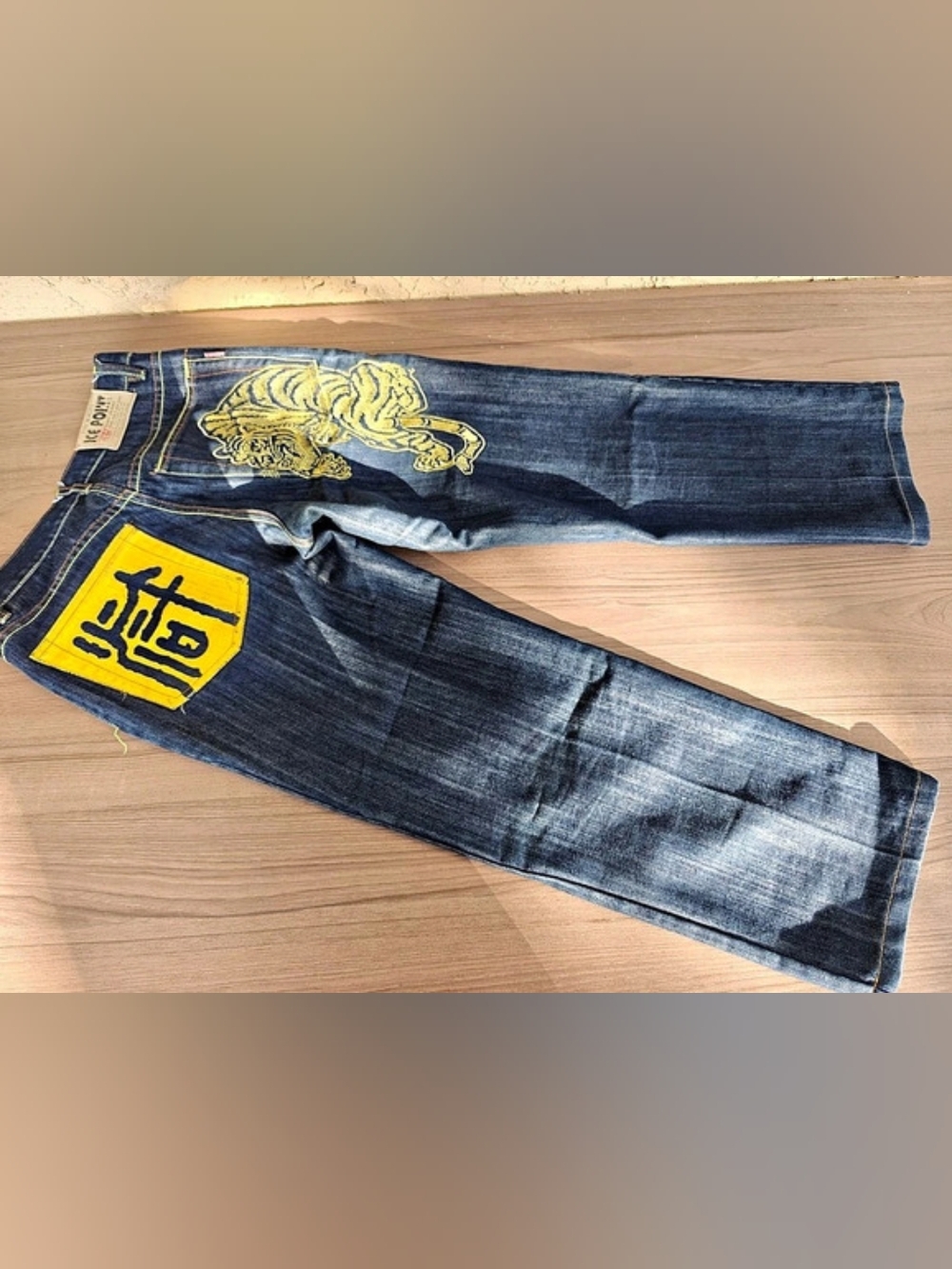 Y2K ICEPOINT Tiger Embroidery Denim Pants Blue